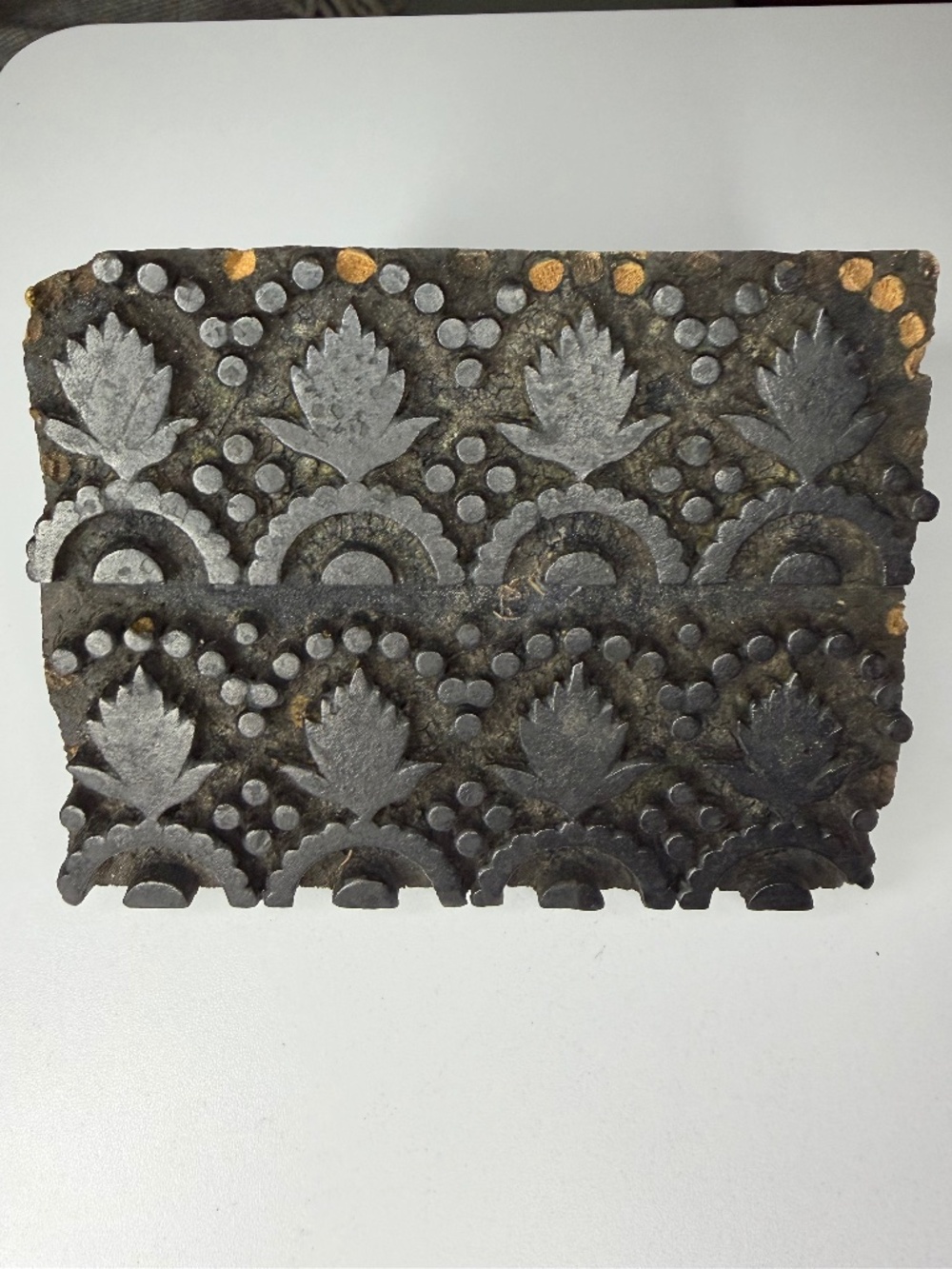 Antique Hand Carved Wooden Print Block - LEAF HALF MOON DOTS - 6" x 4 ½"